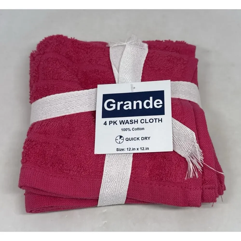 Grande Pink Wash Cloths 4 Pack 100% Cotton Quick Dry 12” X 12” New with Tags